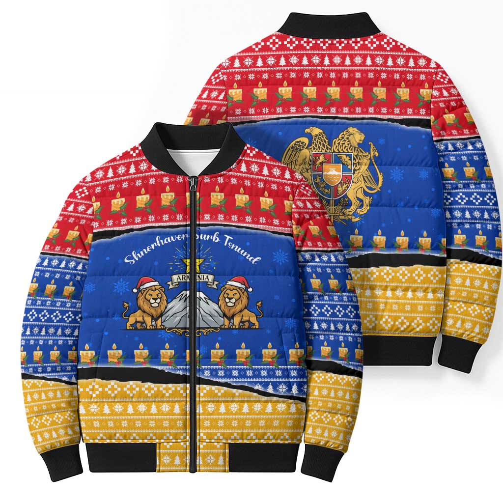 Armenia Christmas Bomber Puffer Jacket with Shnorhavor Surb Tsnund Lions Flag Colors and Coat of Arms - Wonder Print Shop