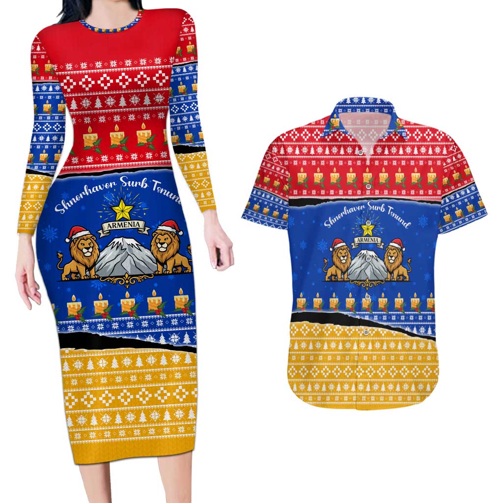 Armenia Christmas Couples Matching Long Sleeve Bodycon Dress and Hawaiian Shirt with Shnorhavor Surb Tsnund Lions Flag Colors and Coat of Arms - Wonder Print Shop