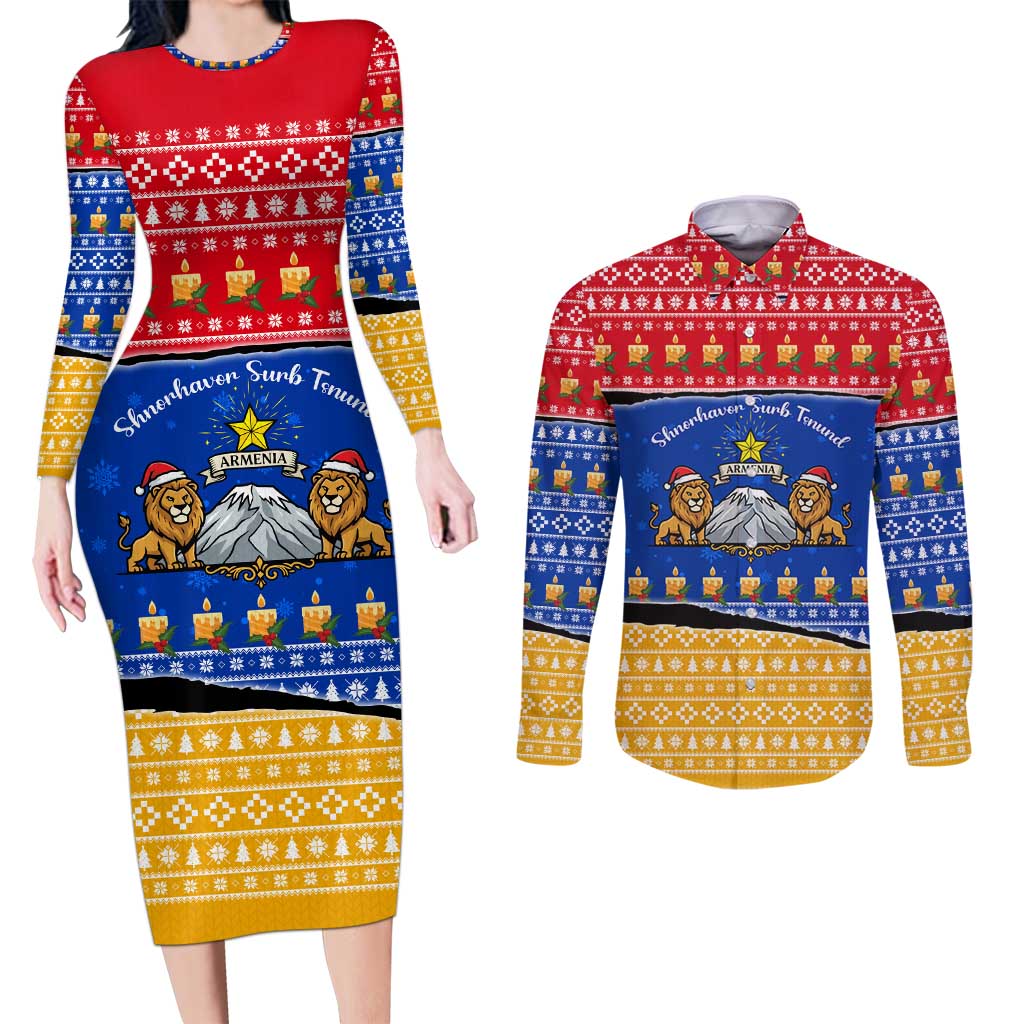 Armenia Christmas Couples Matching Long Sleeve Bodycon Dress and Long Sleeve Button Shirt with Shnorhavor Surb Tsnund Lions Flag Colors and Coat of Arms - Wonder Print Shop