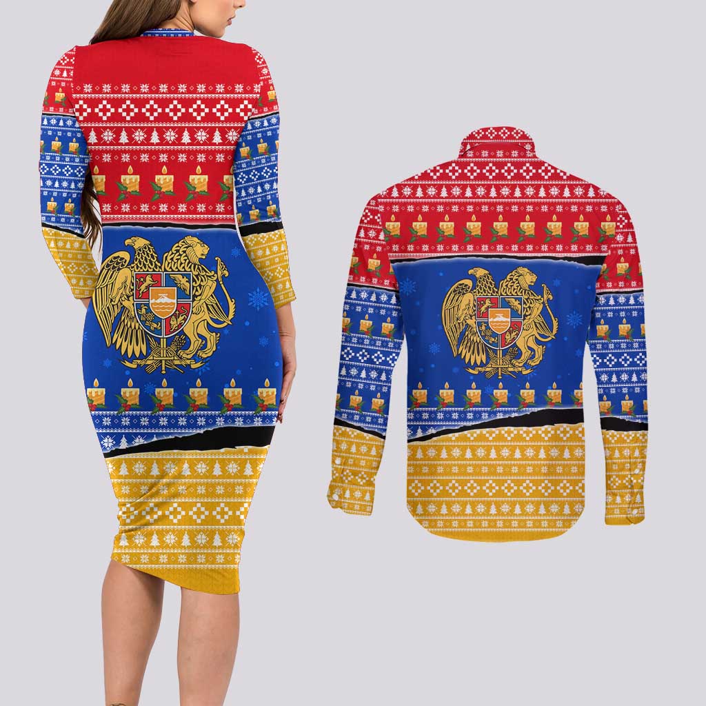 Armenia Christmas Couples Matching Long Sleeve Bodycon Dress and Long Sleeve Button Shirt with Shnorhavor Surb Tsnund Lions Flag Colors and Coat of Arms - Wonder Print Shop