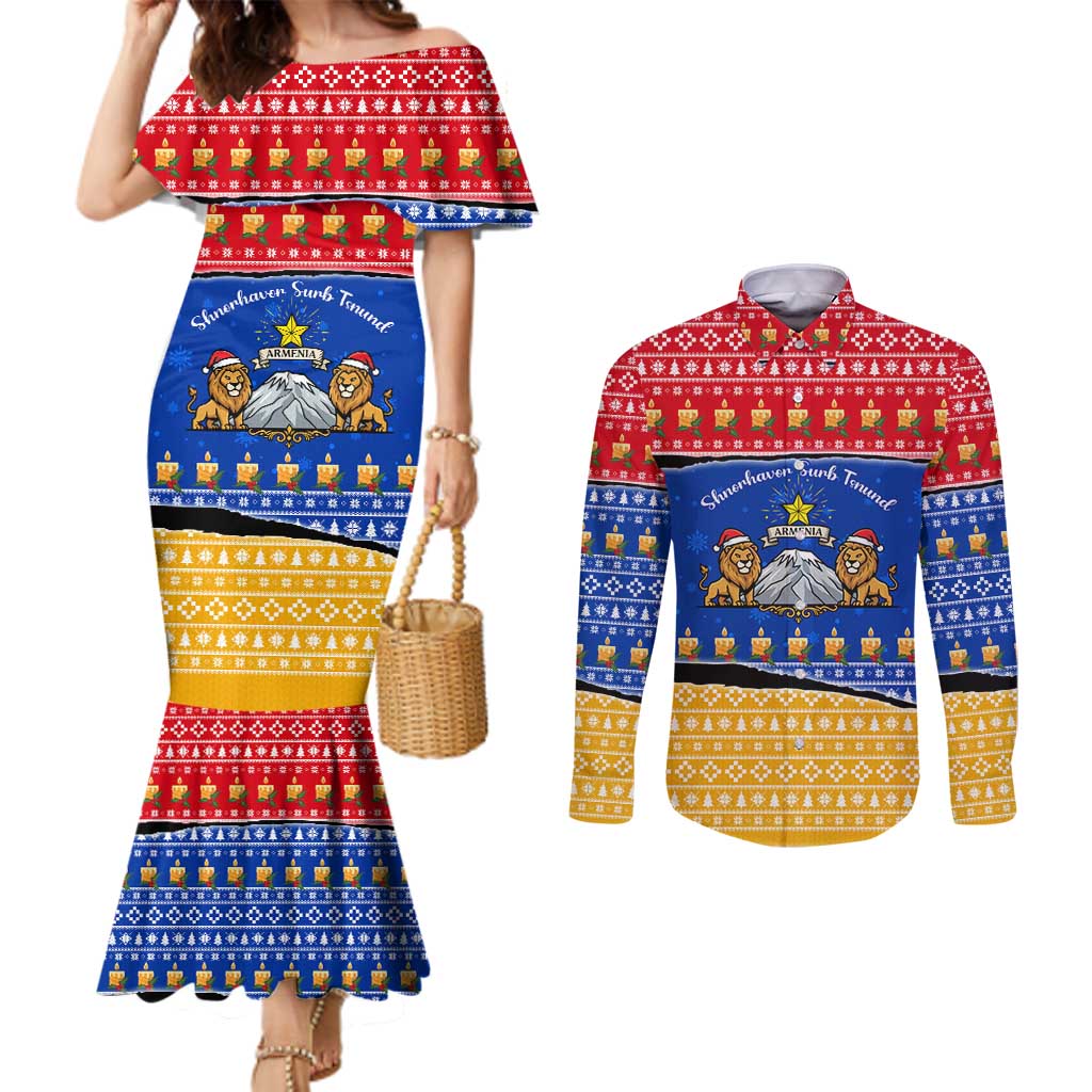Armenia Christmas Couples Matching Mermaid Dress and Long Sleeve Button Shirt with Shnorhavor Surb Tsnund Lions Flag Colors and Coat of Arms - Wonder Print Shop