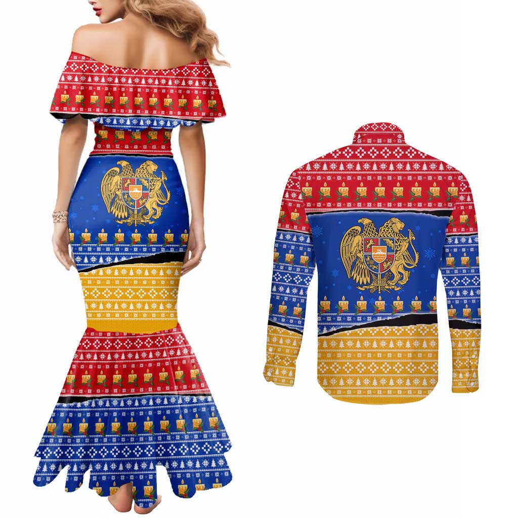 Armenia Christmas Couples Matching Mermaid Dress and Long Sleeve Button Shirt with Shnorhavor Surb Tsnund Lions Flag Colors and Coat of Arms - Wonder Print Shop