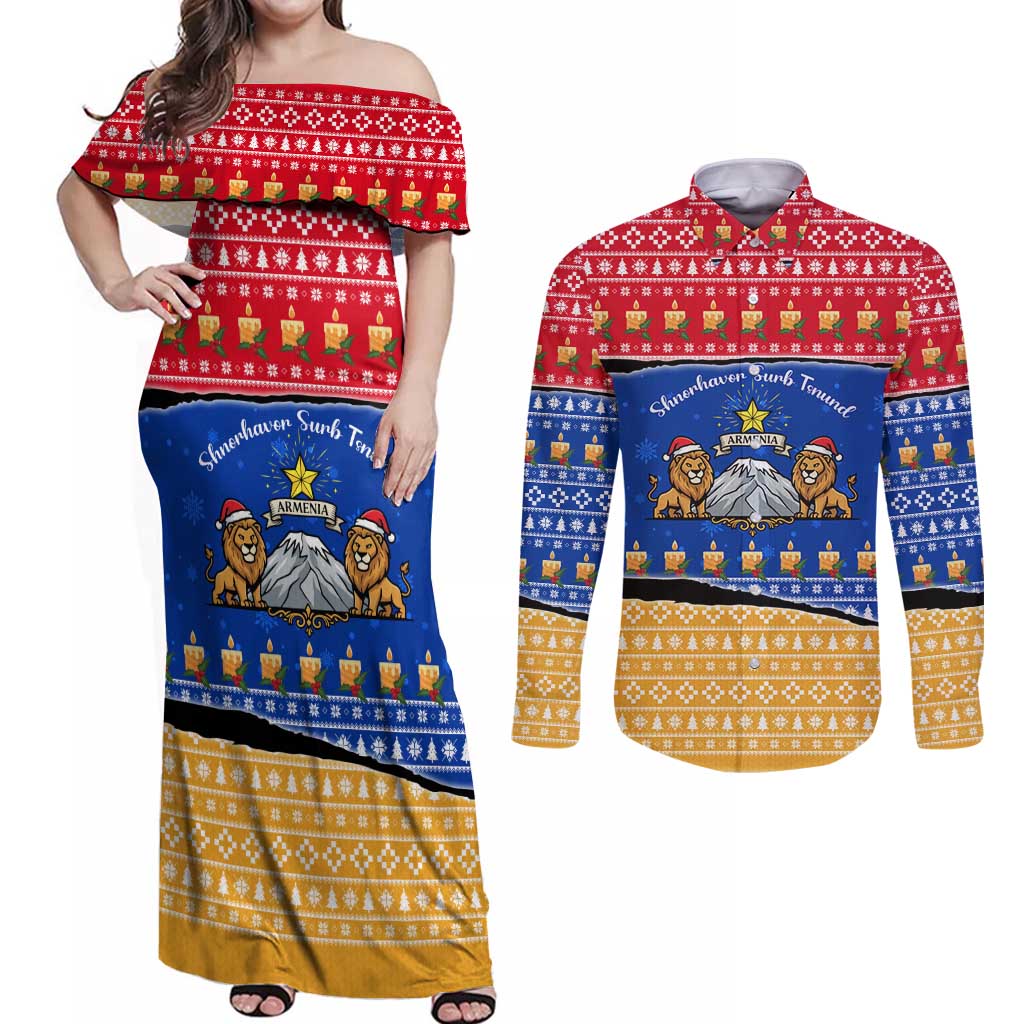 Armenia Christmas Couples Matching Off Shoulder Maxi Dress and Long Sleeve Button Shirt with Shnorhavor Surb Tsnund Lions Flag Colors and Coat of Arms - Wonder Print Shop