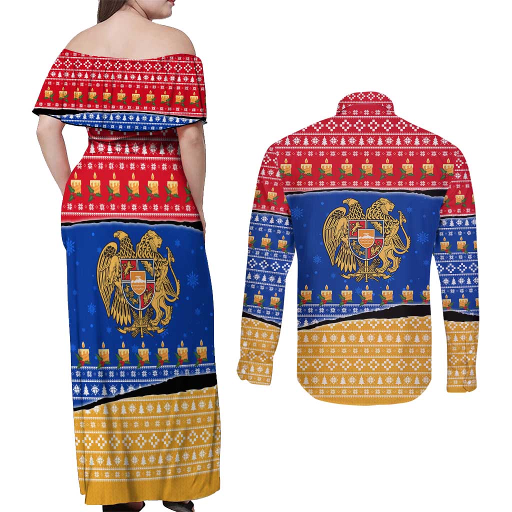 Armenia Christmas Couples Matching Off Shoulder Maxi Dress and Long Sleeve Button Shirt with Shnorhavor Surb Tsnund Lions Flag Colors and Coat of Arms - Wonder Print Shop