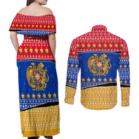 Armenia Christmas Couples Matching Off Shoulder Maxi Dress and Long Sleeve Button Shirt with Shnorhavor Surb Tsnund Lions Flag Colors and Coat of Arms - Wonder Print Shop