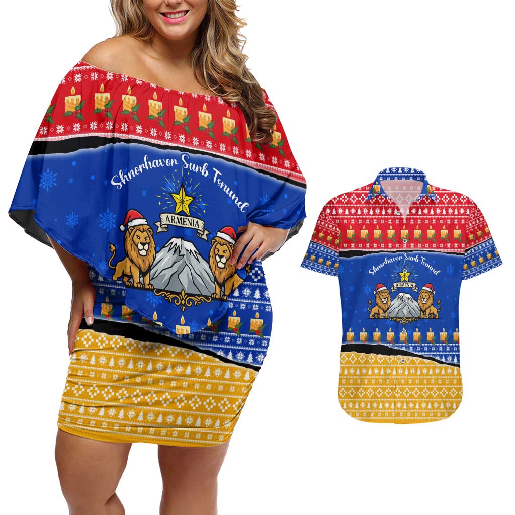 Armenia Christmas Couples Matching Off Shoulder Short Dress and Hawaiian Shirt with Shnorhavor Surb Tsnund Lions Flag Colors and Coat of Arms - Wonder Print Shop