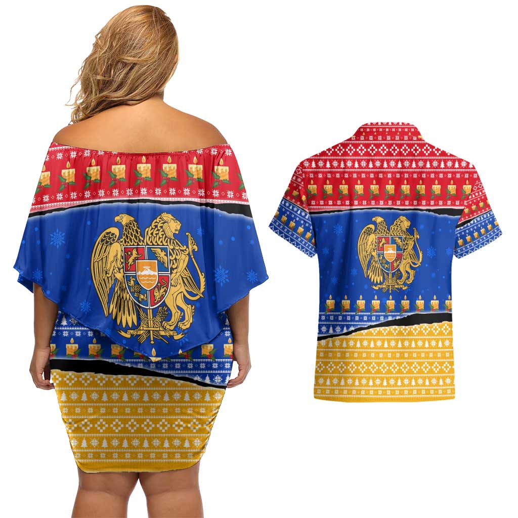Armenia Christmas Couples Matching Off Shoulder Short Dress and Hawaiian Shirt with Shnorhavor Surb Tsnund Lions Flag Colors and Coat of Arms - Wonder Print Shop
