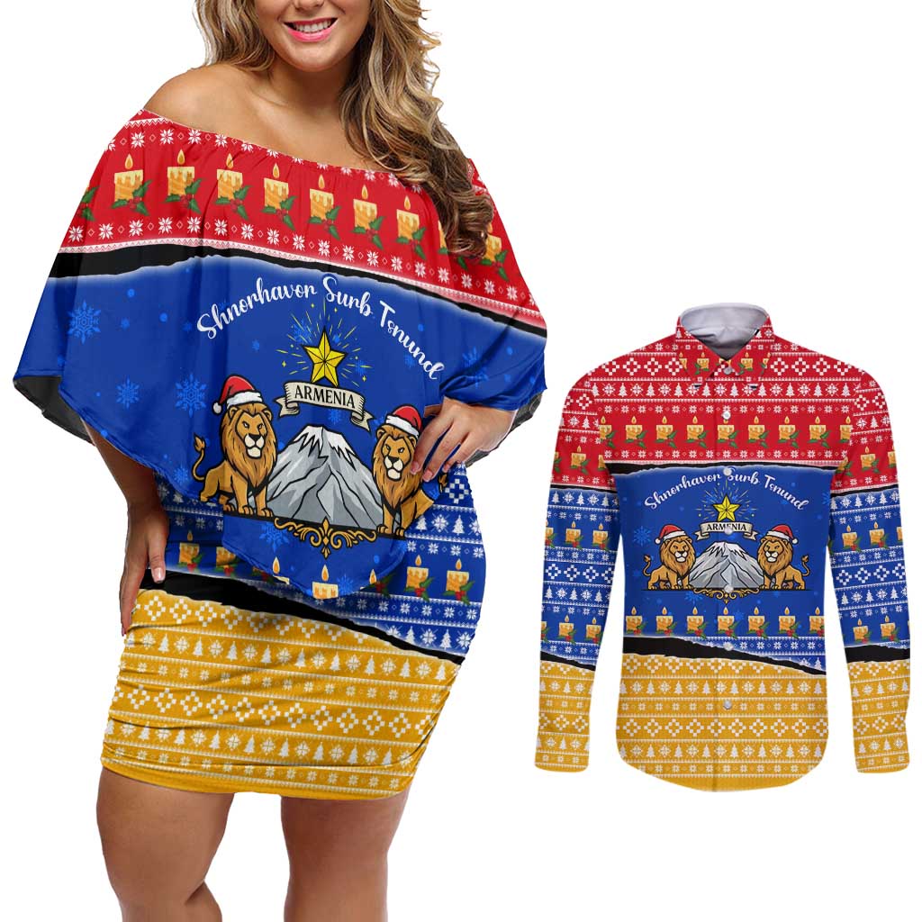 Armenia Christmas Couples Matching Off Shoulder Short Dress and Long Sleeve Button Shirt with Shnorhavor Surb Tsnund Lions Flag Colors and Coat of Arms - Wonder Print Shop