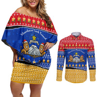 Armenia Christmas Couples Matching Off Shoulder Short Dress and Long Sleeve Button Shirt with Shnorhavor Surb Tsnund Lions Flag Colors and Coat of Arms - Wonder Print Shop