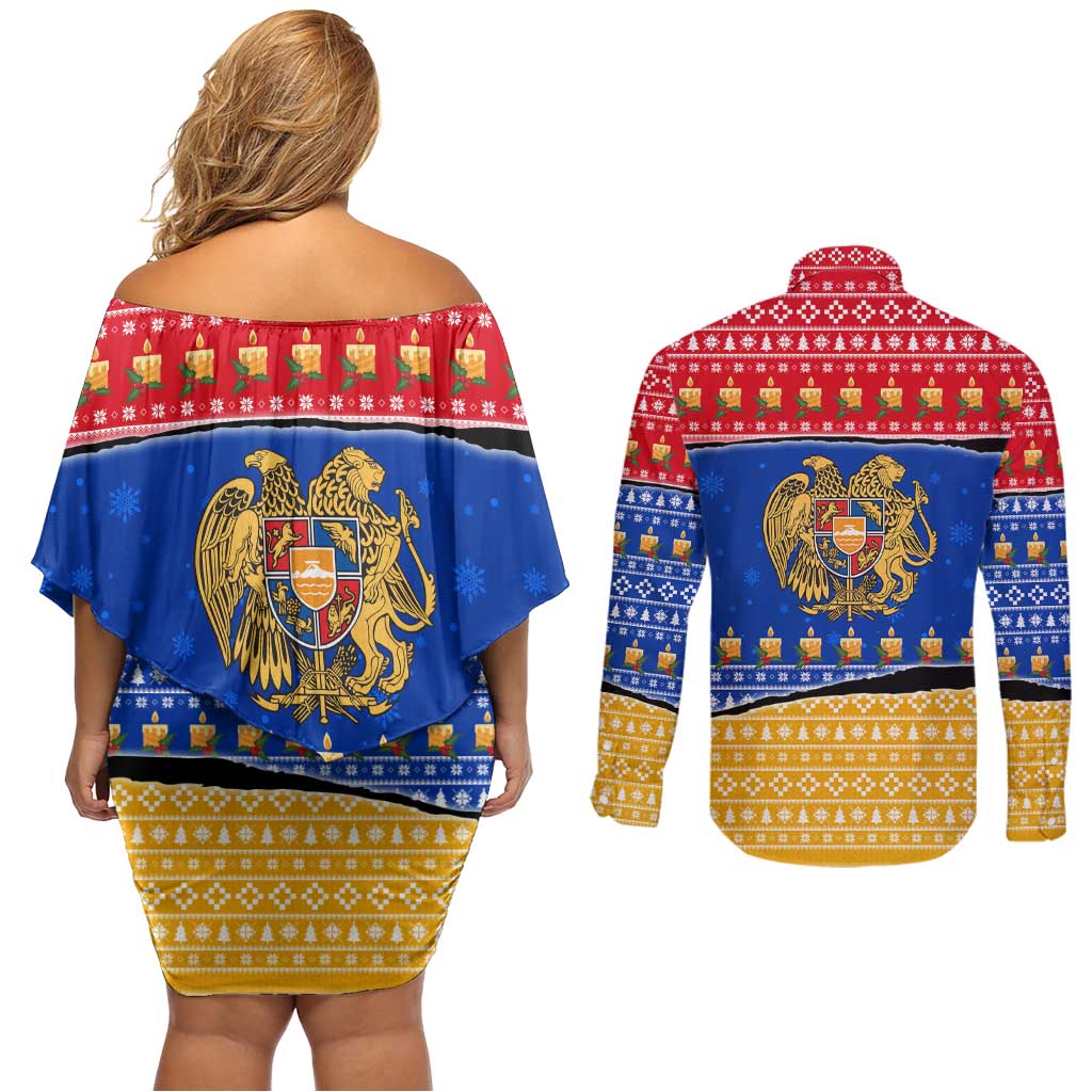 Armenia Christmas Couples Matching Off Shoulder Short Dress and Long Sleeve Button Shirt with Shnorhavor Surb Tsnund Lions Flag Colors and Coat of Arms - Wonder Print Shop