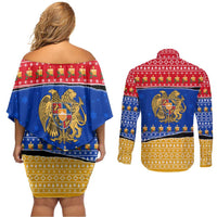 Armenia Christmas Couples Matching Off Shoulder Short Dress and Long Sleeve Button Shirt with Shnorhavor Surb Tsnund Lions Flag Colors and Coat of Arms - Wonder Print Shop