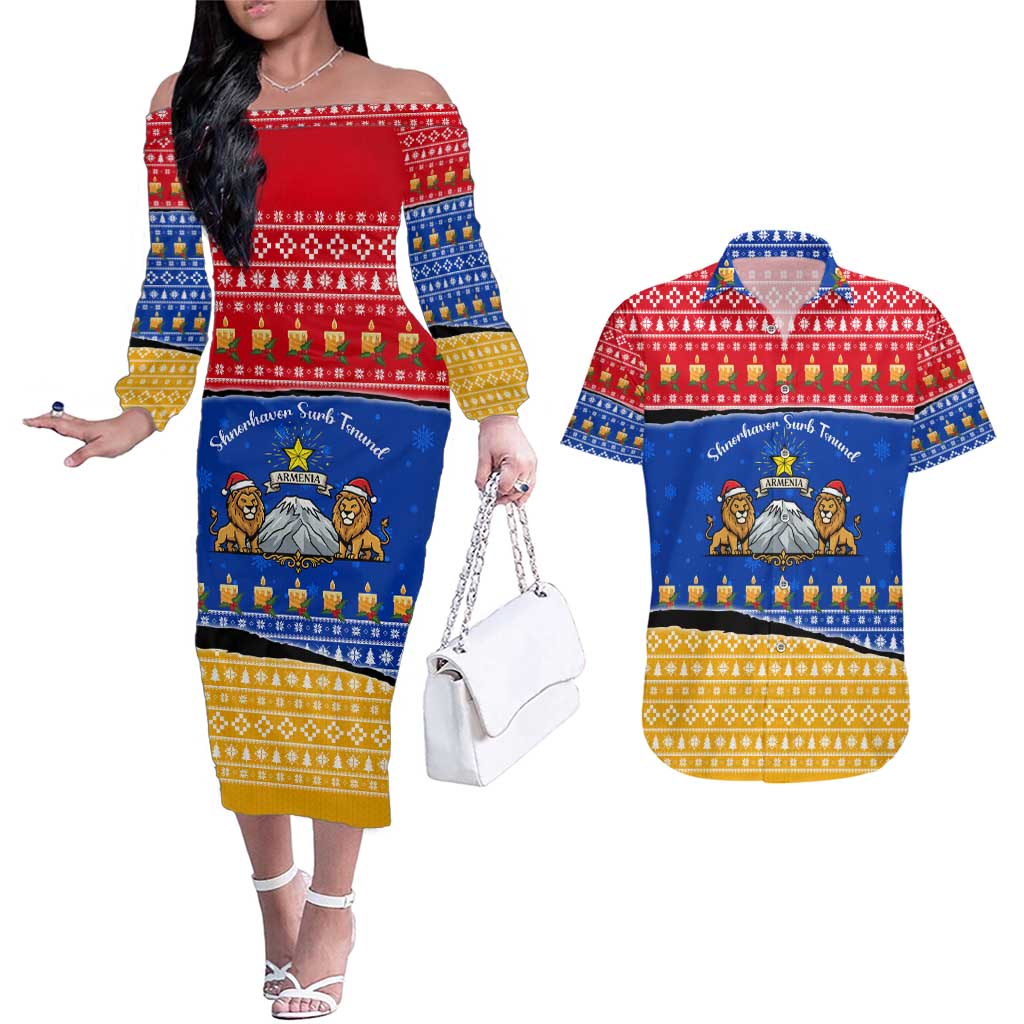 Armenia Christmas Couples Matching Off The Shoulder Long Sleeve Dress and Hawaiian Shirt with Shnorhavor Surb Tsnund Lions Flag Colors and Coat of Arms - Wonder Print Shop