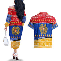 Armenia Christmas Couples Matching Off The Shoulder Long Sleeve Dress and Hawaiian Shirt with Shnorhavor Surb Tsnund Lions Flag Colors and Coat of Arms - Wonder Print Shop