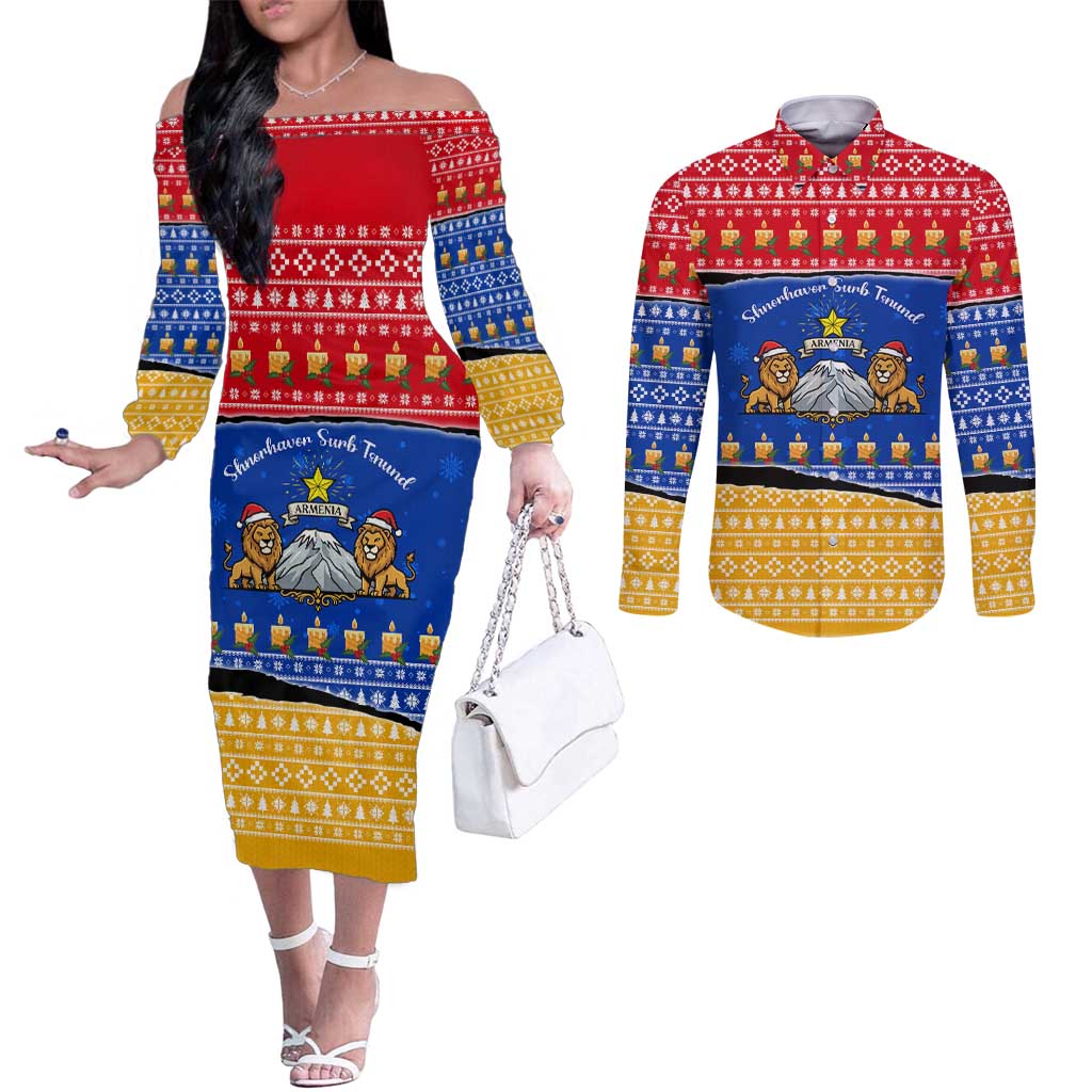 Armenia Christmas Couples Matching Off The Shoulder Long Sleeve Dress and Long Sleeve Button Shirt with Shnorhavor Surb Tsnund Lions Flag Colors and Coat of Arms - Wonder Print Shop
