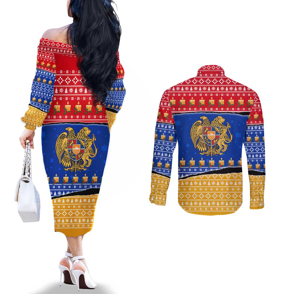 Armenia Christmas Couples Matching Off The Shoulder Long Sleeve Dress and Long Sleeve Button Shirt with Shnorhavor Surb Tsnund Lions Flag Colors and Coat of Arms - Wonder Print Shop