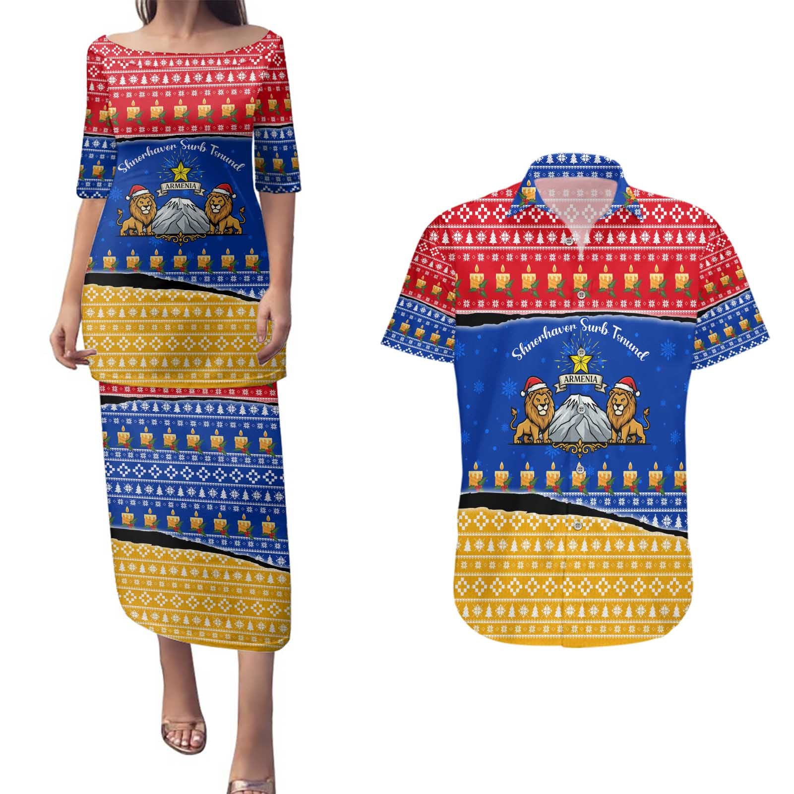 Armenia Christmas Couples Matching Puletasi and Hawaiian Shirt with Shnorhavor Surb Tsnund Lions Flag Colors and Coat of Arms - Wonder Print Shop