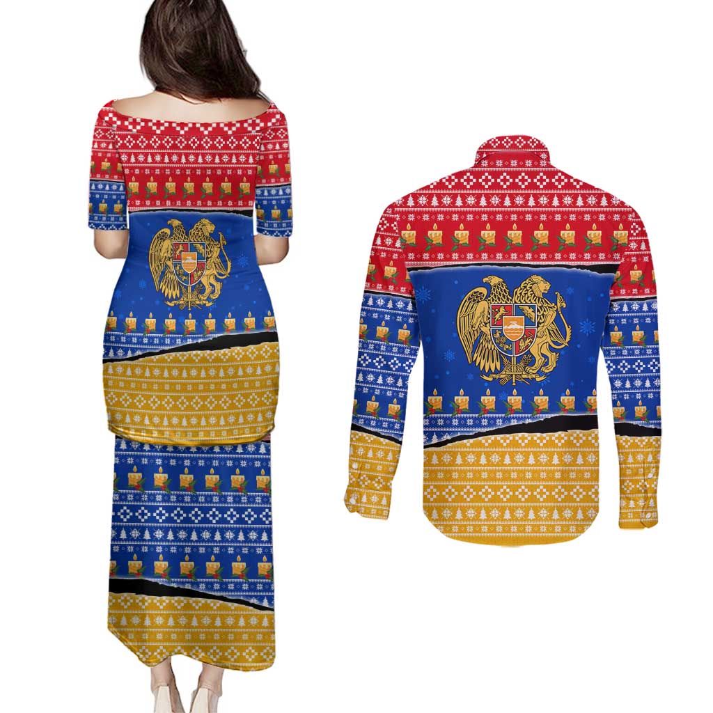 Armenia Christmas Couples Matching Puletasi and Long Sleeve Button Shirt with Shnorhavor Surb Tsnund Lions Flag Colors and Coat of Arms - Wonder Print Shop