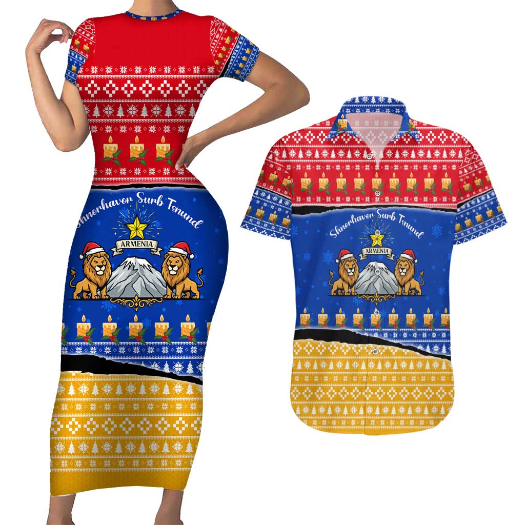 Armenia Christmas Couples Matching Short Sleeve Bodycon Dress and Hawaiian Shirt with Shnorhavor Surb Tsnund Lions Flag Colors and Coat of Arms - Wonder Print Shop