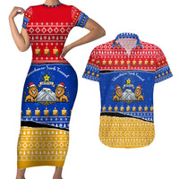 Armenia Christmas Couples Matching Short Sleeve Bodycon Dress and Hawaiian Shirt with Shnorhavor Surb Tsnund Lions Flag Colors and Coat of Arms - Wonder Print Shop