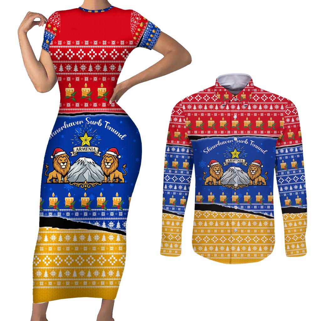 Armenia Christmas Couples Matching Short Sleeve Bodycon Dress and Long Sleeve Button Shirt with Shnorhavor Surb Tsnund Lions Flag Colors and Coat of Arms - Wonder Print Shop