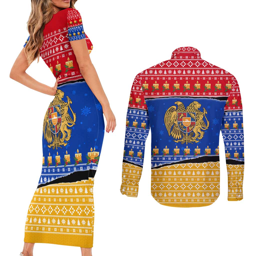 Armenia Christmas Couples Matching Short Sleeve Bodycon Dress and Long Sleeve Button Shirt with Shnorhavor Surb Tsnund Lions Flag Colors and Coat of Arms - Wonder Print Shop