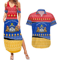 Armenia Christmas Couples Matching Summer Maxi Dress and Hawaiian Shirt with Shnorhavor Surb Tsnund Lions Flag Colors and Coat of Arms - Wonder Print Shop