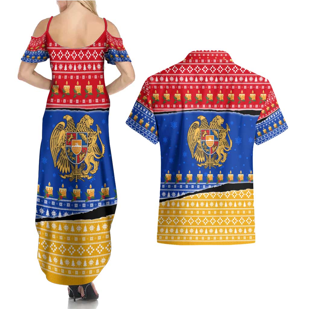 Armenia Christmas Couples Matching Summer Maxi Dress and Hawaiian Shirt with Shnorhavor Surb Tsnund Lions Flag Colors and Coat of Arms - Wonder Print Shop