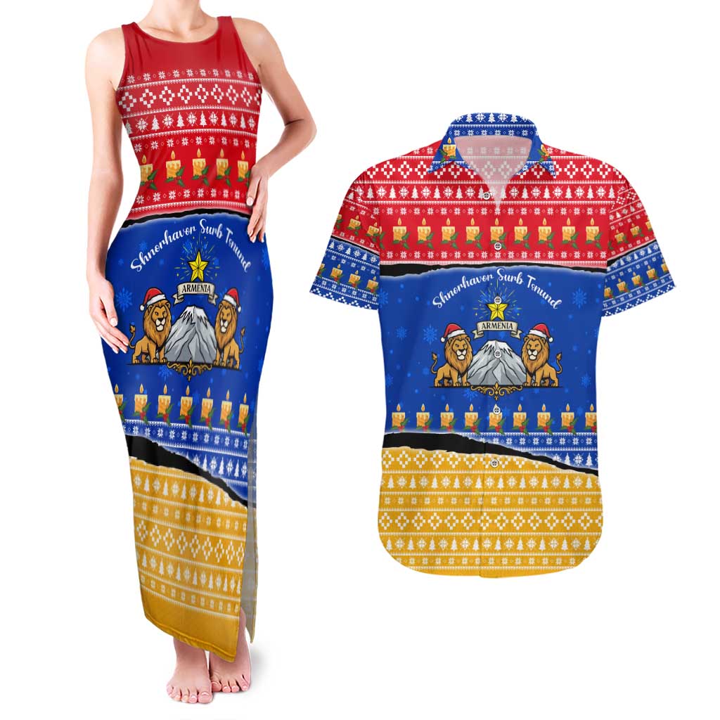 Armenia Christmas Couples Matching Tank Maxi Dress and Hawaiian Shirt with Shnorhavor Surb Tsnund Lions Flag Colors and Coat of Arms - Wonder Print Shop