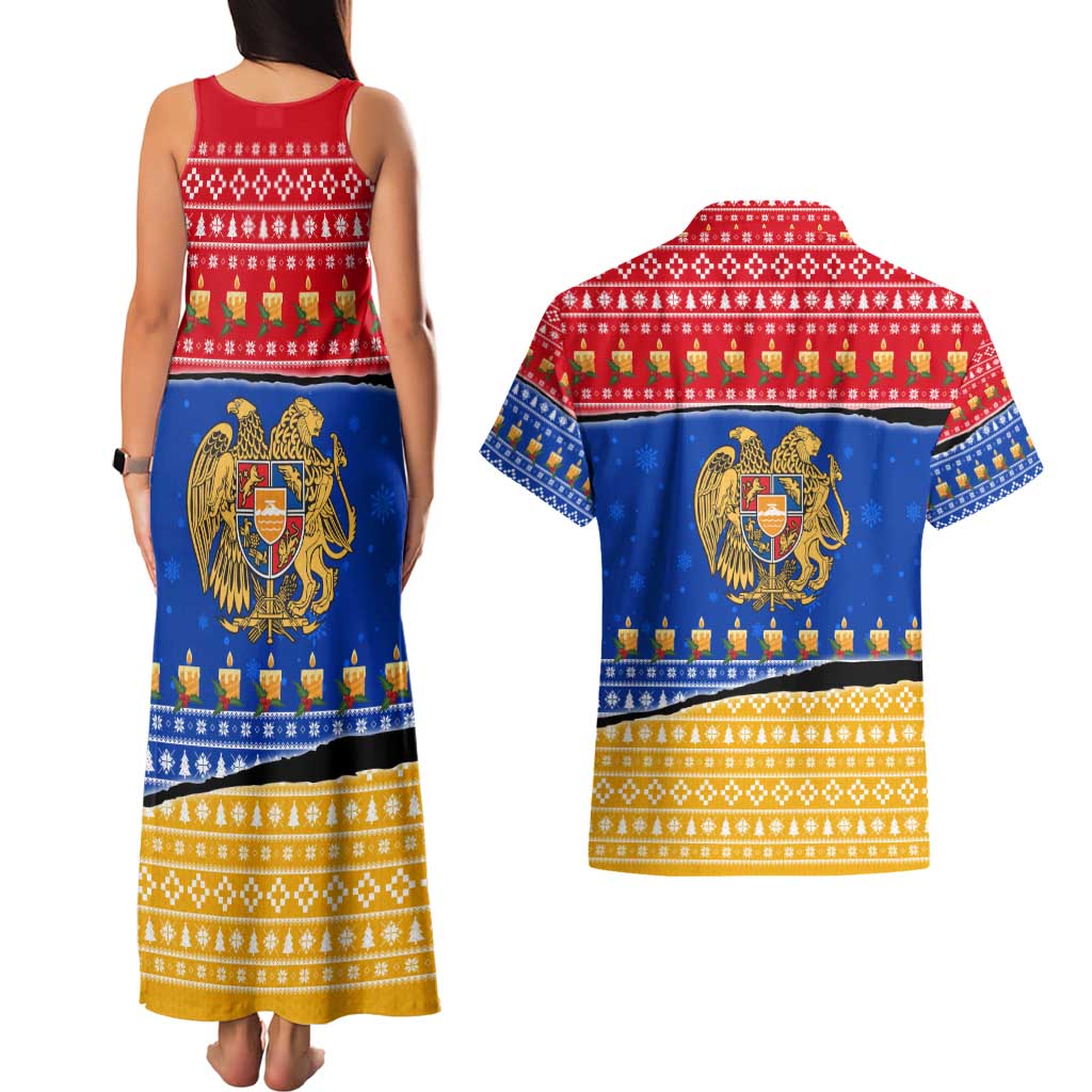 Armenia Christmas Couples Matching Tank Maxi Dress and Hawaiian Shirt with Shnorhavor Surb Tsnund Lions Flag Colors and Coat of Arms - Wonder Print Shop