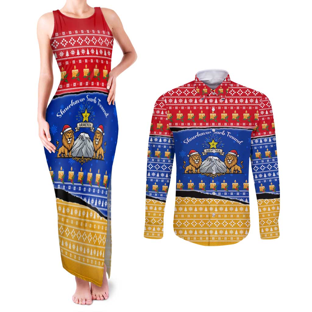 Armenia Christmas Couples Matching Tank Maxi Dress and Long Sleeve Button Shirt with Shnorhavor Surb Tsnund Lions Flag Colors and Coat of Arms - Wonder Print Shop