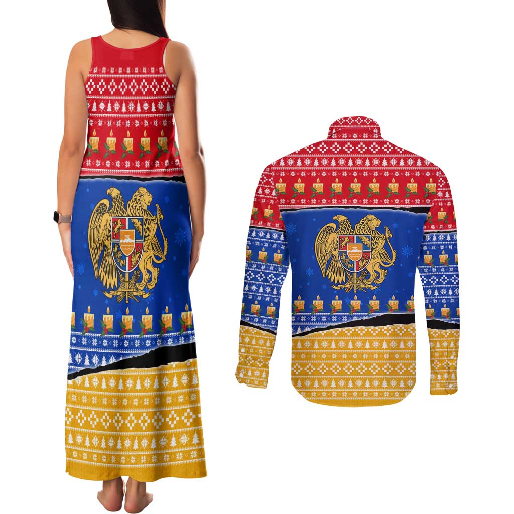 Armenia Christmas Couples Matching Tank Maxi Dress and Long Sleeve Button Shirt with Shnorhavor Surb Tsnund Lions Flag Colors and Coat of Arms - Wonder Print Shop