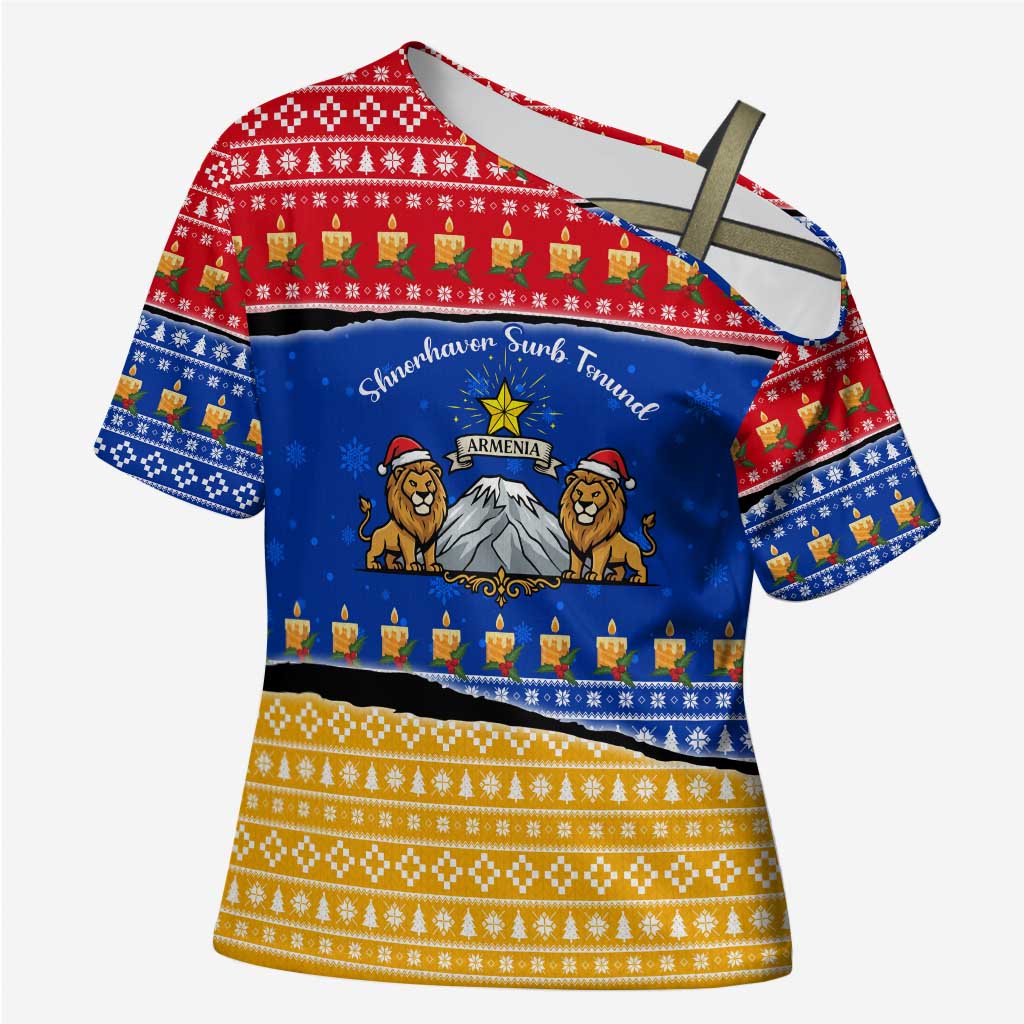 Armenia Christmas Cross Shoulder Shirt with Shnorhavor Surb Tsnund Lions Flag Colors and Coat of Arms - Wonder Print Shop