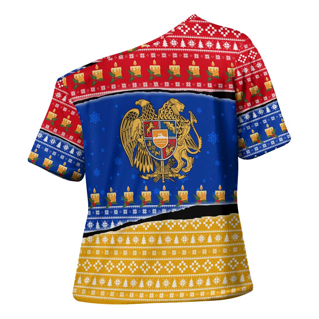 Armenia Christmas Cross Shoulder Shirt with Shnorhavor Surb Tsnund Lions Flag Colors and Coat of Arms - Wonder Print Shop