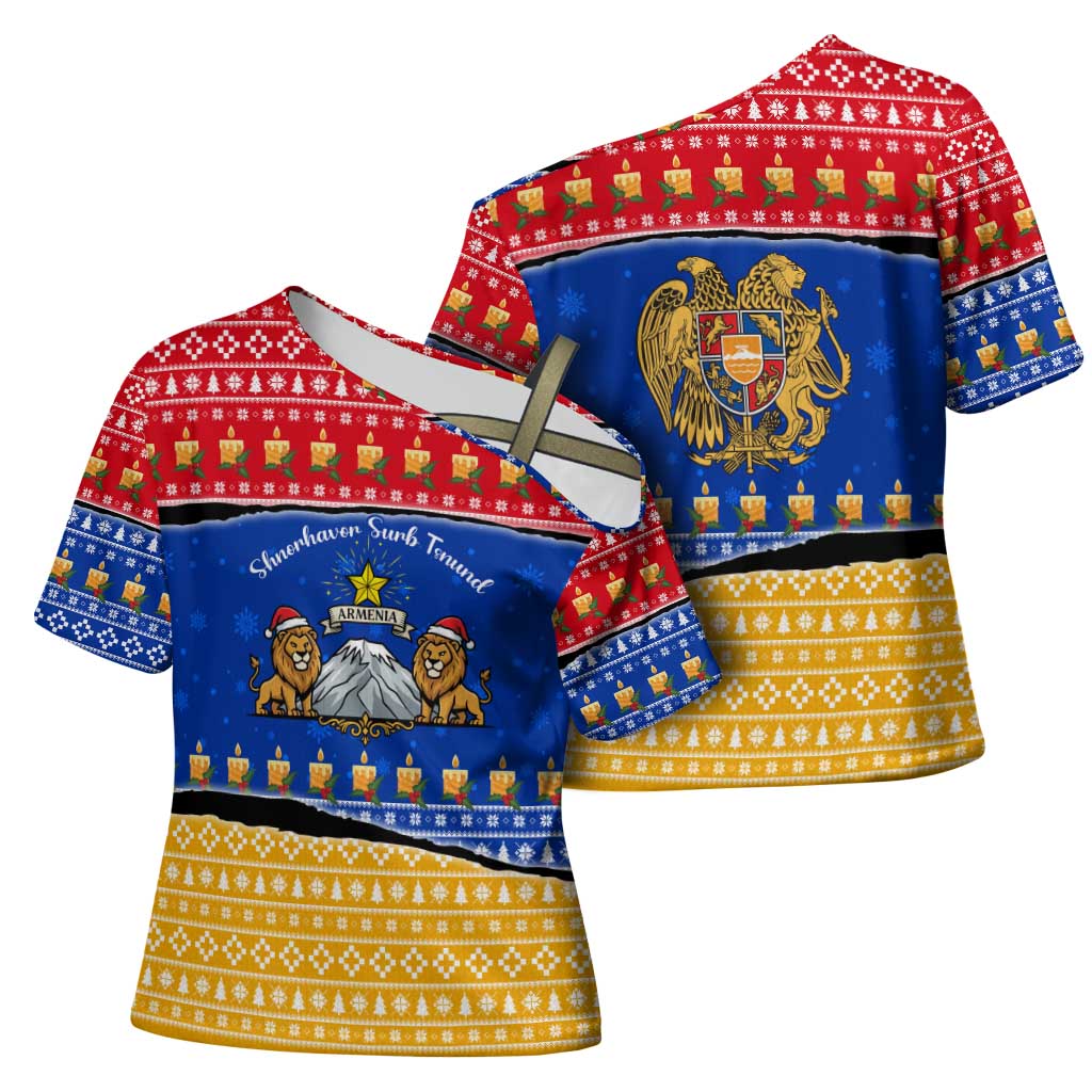 Armenia Christmas Cross Shoulder Shirt with Shnorhavor Surb Tsnund Lions Flag Colors and Coat of Arms - Wonder Print Shop