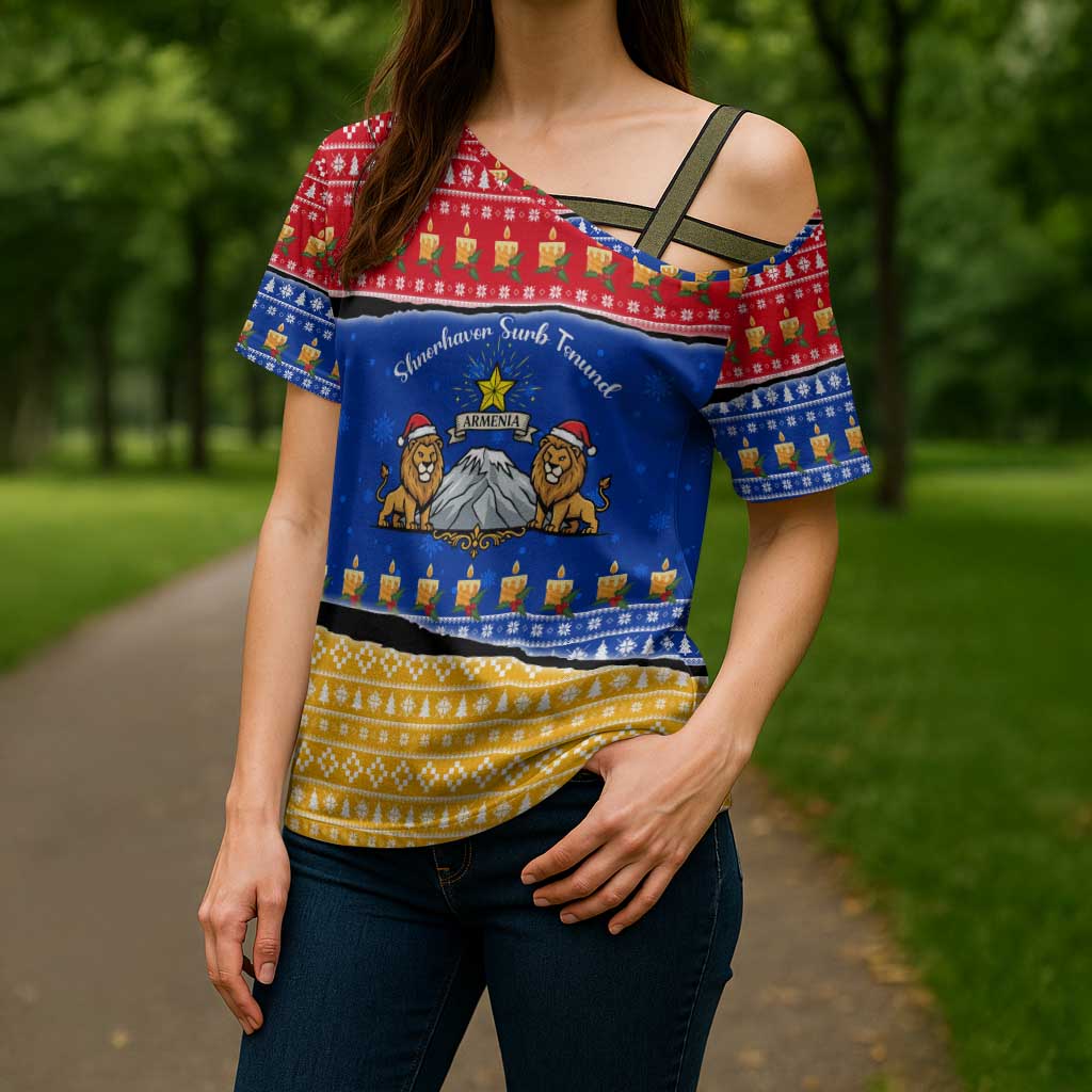 Armenia Christmas Cross Shoulder Shirt with Shnorhavor Surb Tsnund Lions Flag Colors and Coat of Arms - Wonder Print Shop