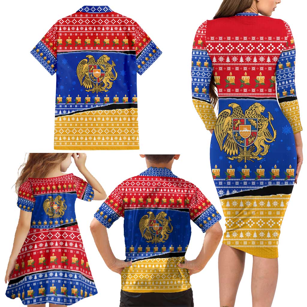 Armenia Christmas Family Matching Long Sleeve Bodycon Dress and Hawaiian Shirt with Shnorhavor Surb Tsnund Lions Flag Colors and Coat of Arms - Wonder Print Shop