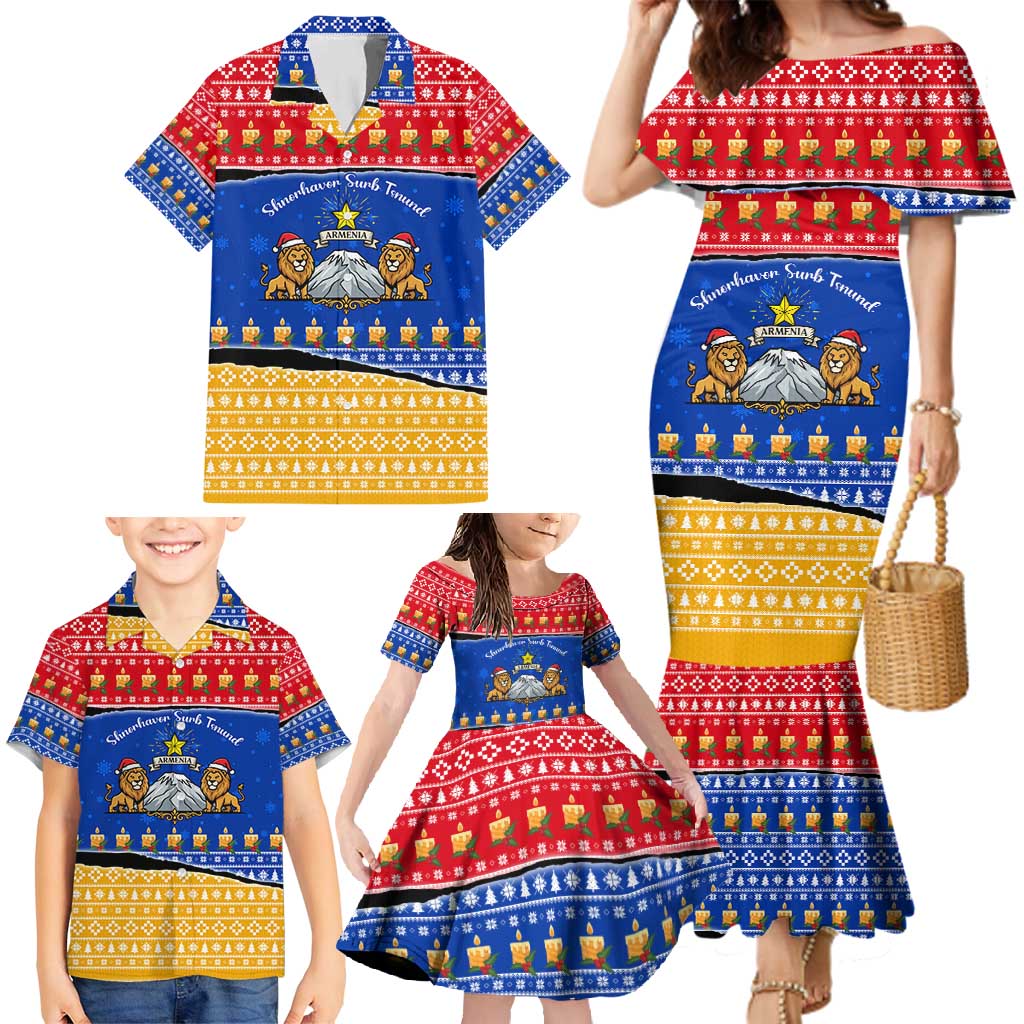 Armenia Christmas Family Matching Mermaid Dress and Hawaiian Shirt with Shnorhavor Surb Tsnund Lions Flag Colors and Coat of Arms - Wonder Print Shop