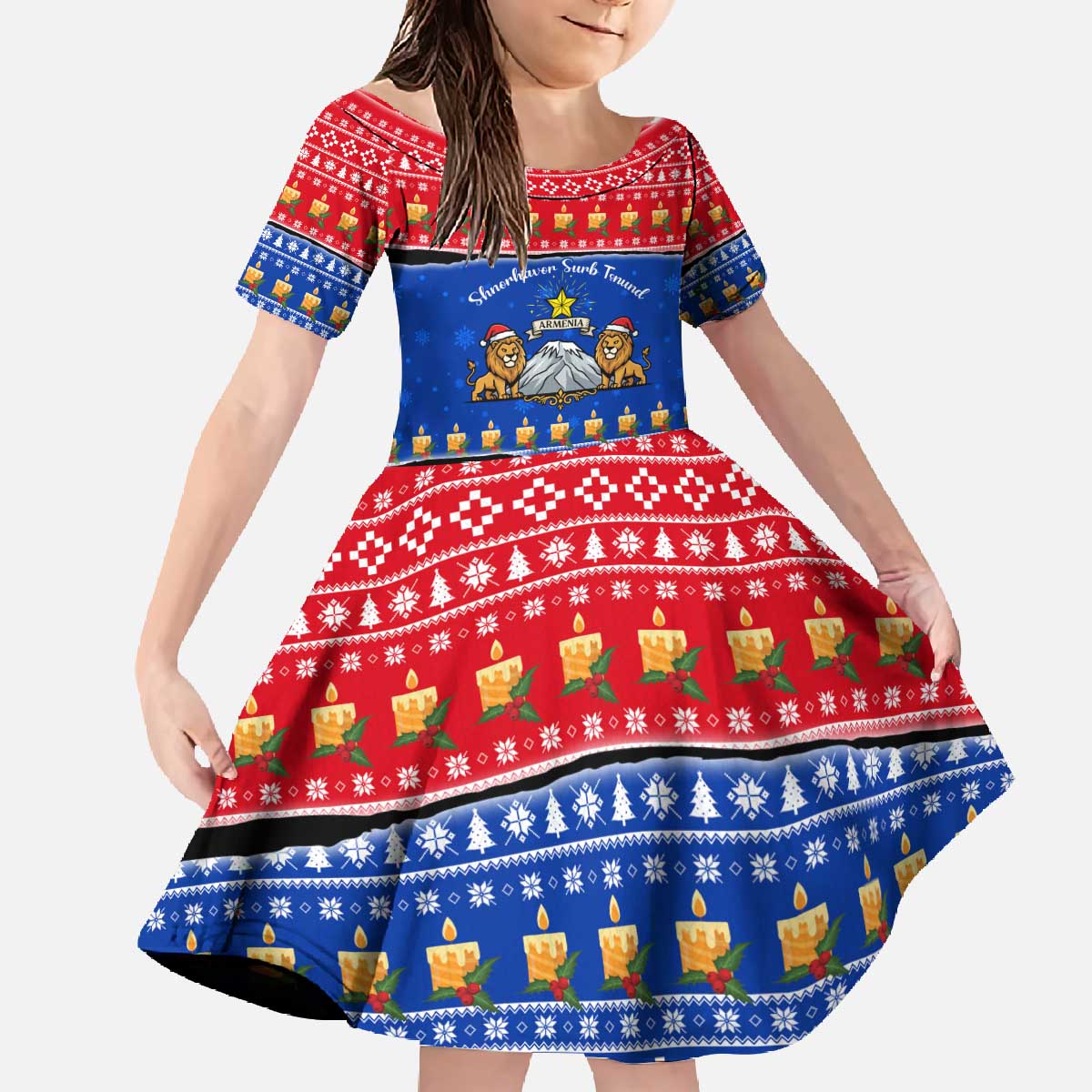 Armenia Christmas Family Matching Off The Shoulder Long Sleeve Dress and Hawaiian Shirt with Shnorhavor Surb Tsnund Lions Flag Colors and Coat of Arms - Wonder Print Shop