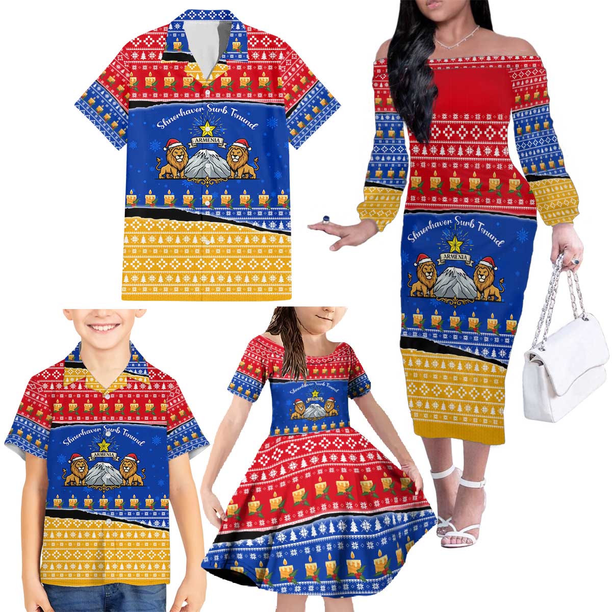 Armenia Christmas Family Matching Off The Shoulder Long Sleeve Dress and Hawaiian Shirt with Shnorhavor Surb Tsnund Lions Flag Colors and Coat of Arms - Wonder Print Shop