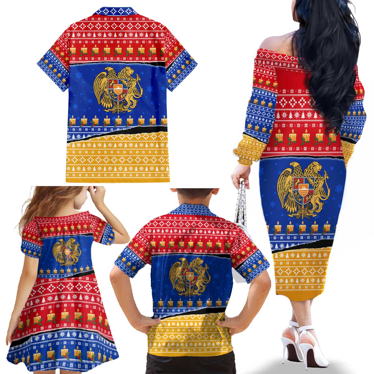 Armenia Christmas Family Matching Off The Shoulder Long Sleeve Dress and Hawaiian Shirt with Shnorhavor Surb Tsnund Lions Flag Colors and Coat of Arms - Wonder Print Shop