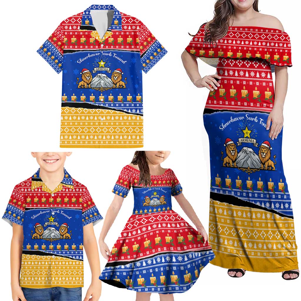 Armenia Christmas Family Matching Off Shoulder Maxi Dress and Hawaiian Shirt with Shnorhavor Surb Tsnund Lions Flag Colors and Coat of Arms - Wonder Print Shop