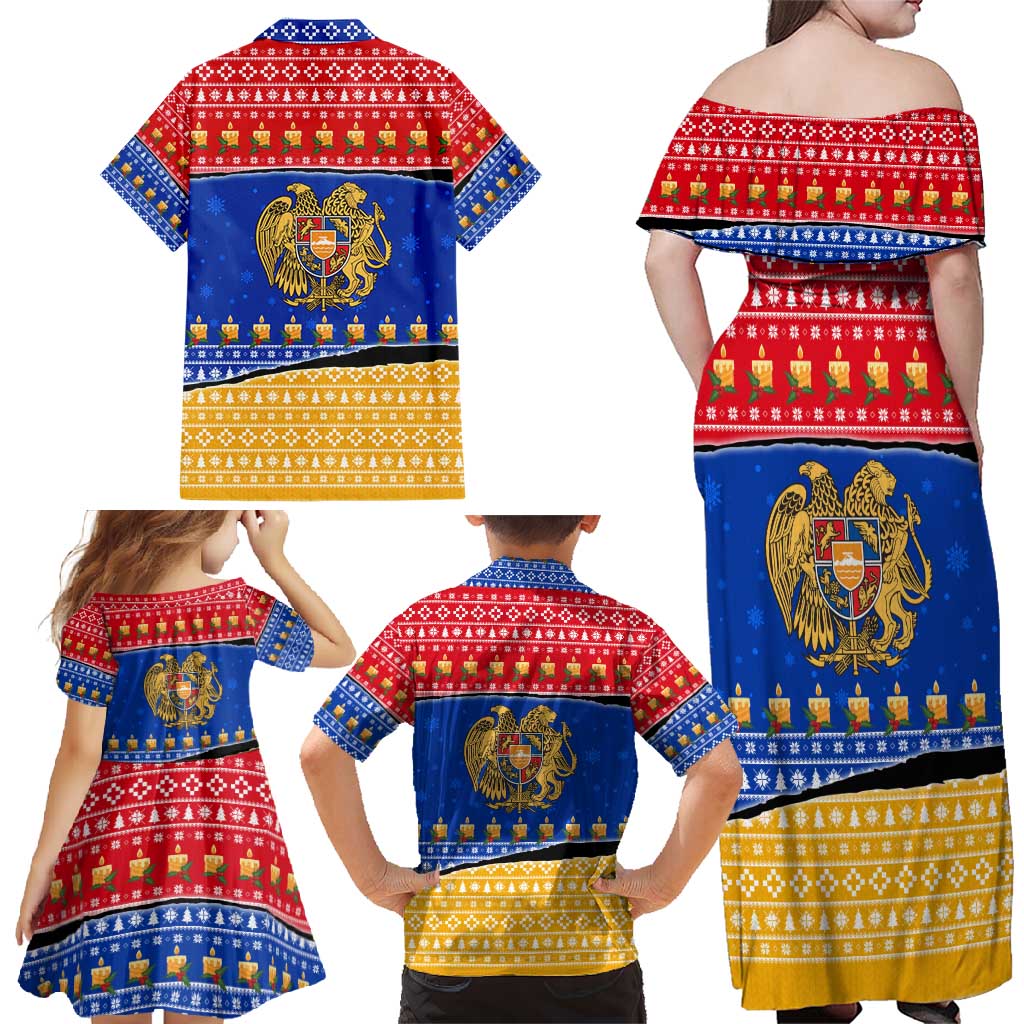 Armenia Christmas Family Matching Off Shoulder Maxi Dress and Hawaiian Shirt with Shnorhavor Surb Tsnund Lions Flag Colors and Coat of Arms - Wonder Print Shop