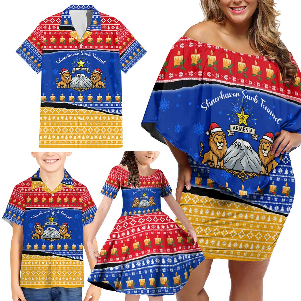 Armenia Christmas Family Matching Off Shoulder Short Dress and Hawaiian Shirt with Shnorhavor Surb Tsnund Lions Flag Colors and Coat of Arms - Wonder Print Shop