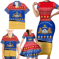 Armenia Christmas Family Matching Short Sleeve Bodycon Dress and Hawaiian Shirt with Shnorhavor Surb Tsnund Lions Flag Colors and Coat of Arms - Wonder Print Shop