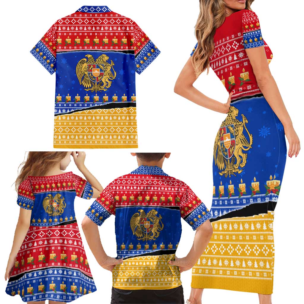 Armenia Christmas Family Matching Short Sleeve Bodycon Dress and Hawaiian Shirt with Shnorhavor Surb Tsnund Lions Flag Colors and Coat of Arms - Wonder Print Shop