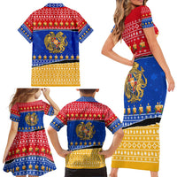 Armenia Christmas Family Matching Short Sleeve Bodycon Dress and Hawaiian Shirt with Shnorhavor Surb Tsnund Lions Flag Colors and Coat of Arms - Wonder Print Shop