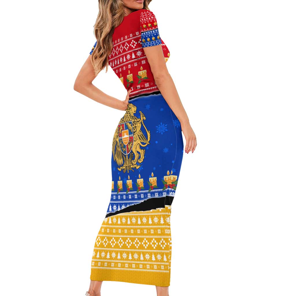 Armenia Christmas Family Matching Short Sleeve Bodycon Dress and Hawaiian Shirt with Shnorhavor Surb Tsnund Lions Flag Colors and Coat of Arms - Wonder Print Shop