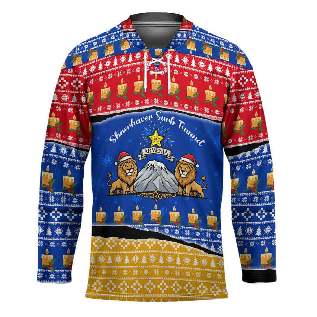 Armenia Christmas Hockey Jersey with Shnorhavor Surb Tsnund Lions Flag Colors and Coat of Arms - Wonder Print Shop