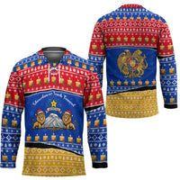 Armenia Christmas Hockey Jersey with Shnorhavor Surb Tsnund Lions Flag Colors and Coat of Arms - Wonder Print Shop