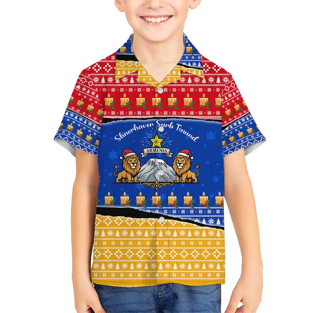 Armenia Christmas Kid Hawaiian Shirt with Shnorhavor Surb Tsnund Lions Flag Colors and Coat of Arms - Wonder Print Shop